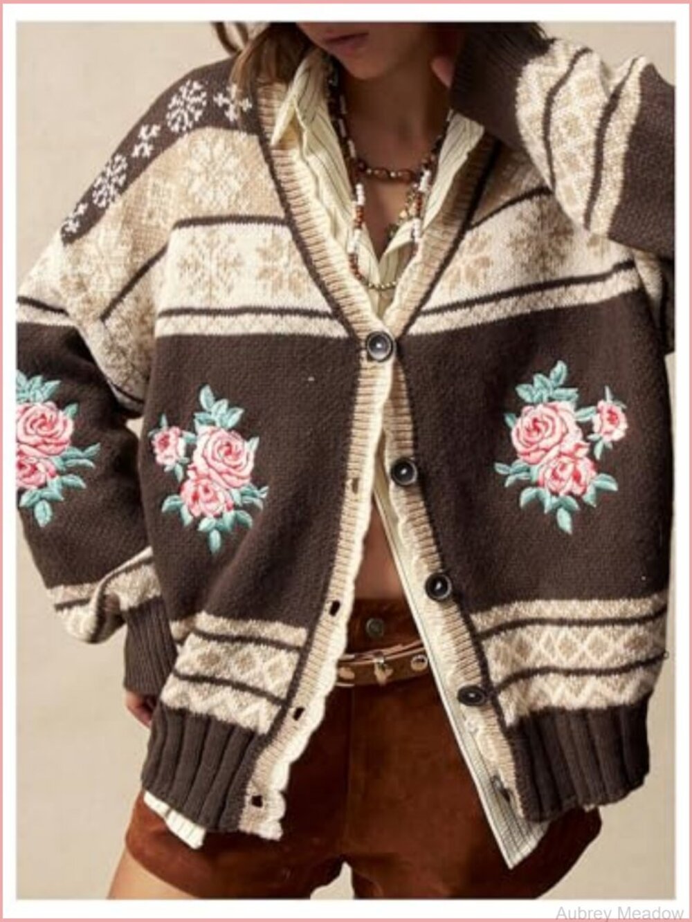 Vintage Floral Fair Isle Cardigan Button Up Oversized Winter Sweater - Picture 3 of 5